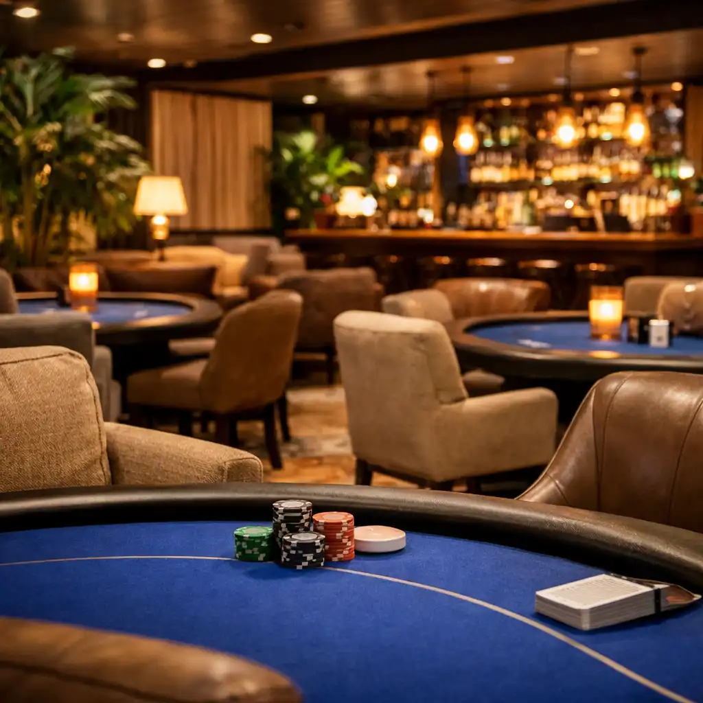 Relaxed seating area in the Card Lounge with poker tables and comfortable chairs