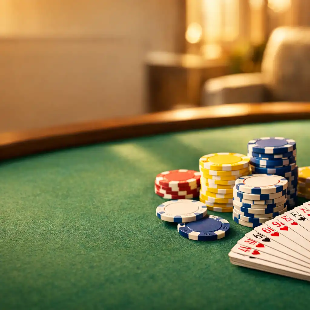 A warm close-up of a physical poker table with chips and cards in the Card Lounge