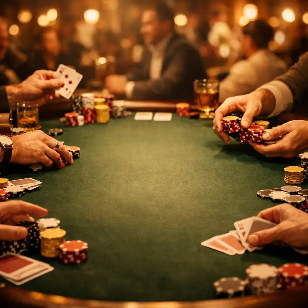 Cinematic view of hands passing cards and chips around a poker table in a warm lounge