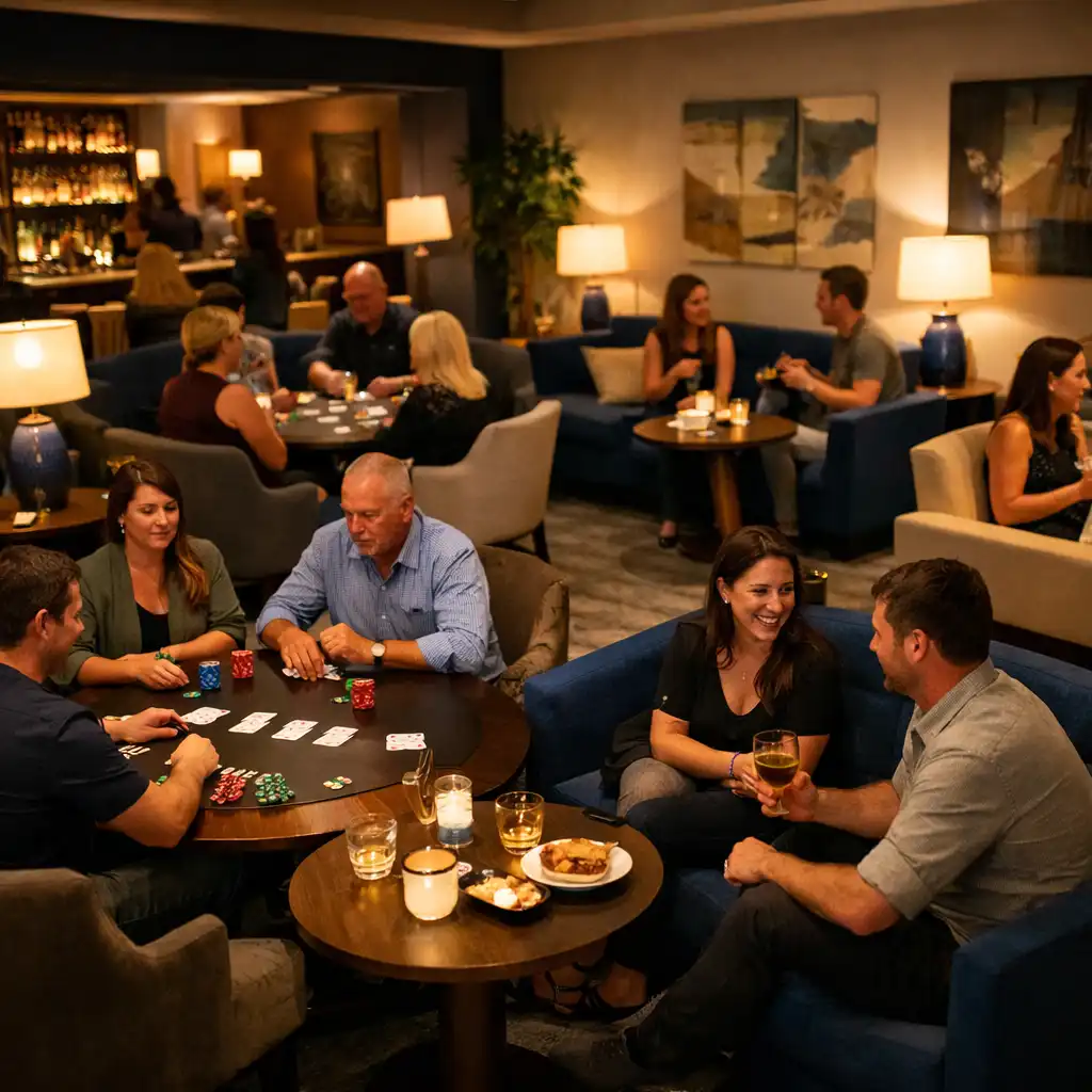 A relaxed card lounge with low tables, comfortable seating, and a deck of cards on a table.