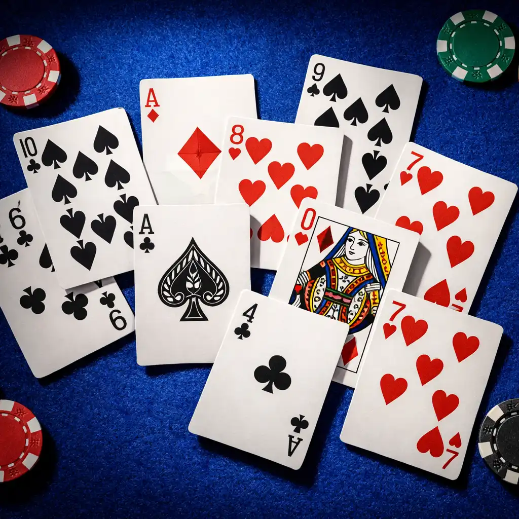 Spread of playing cards on cobalt blue felt with poker chips scattered around
