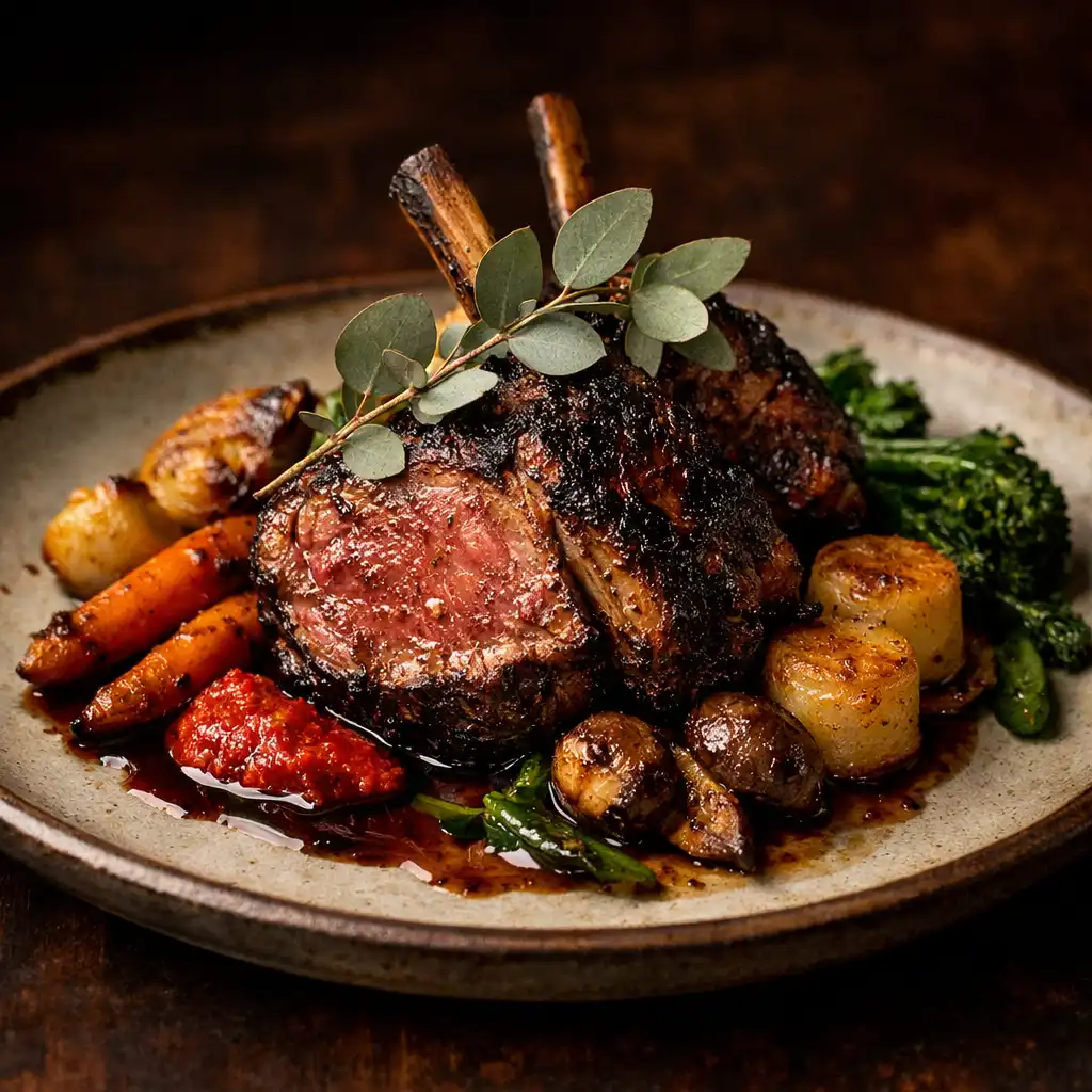 A plated main course of charred lamb with eucalyptus garnish, on a ceramic plate with seasonal vegetables.