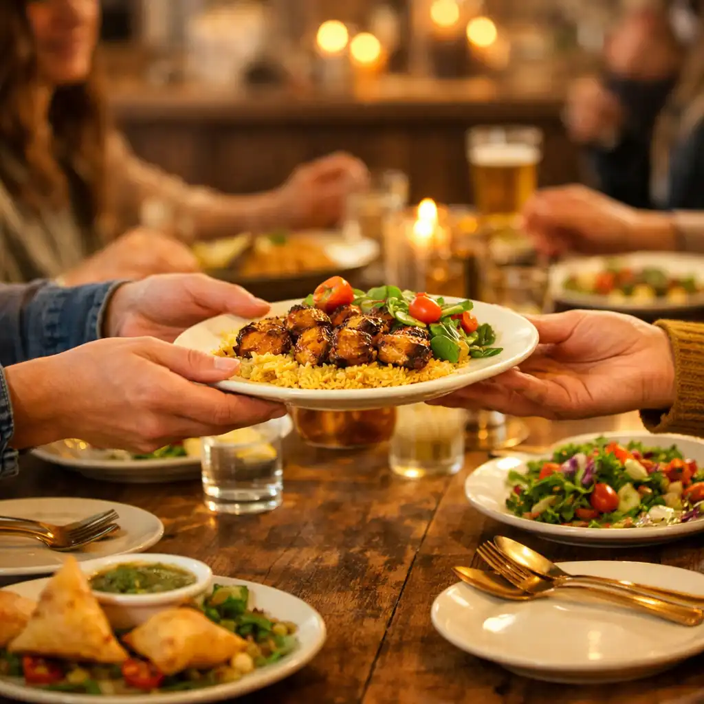 People passing plates of food around a communal dining table at The Golden Chiip