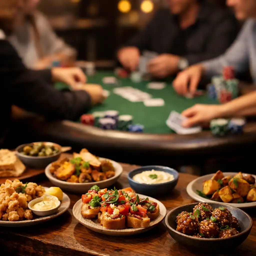 A table that combines dining and poker elements: plates of food and a deck of cards with chips.