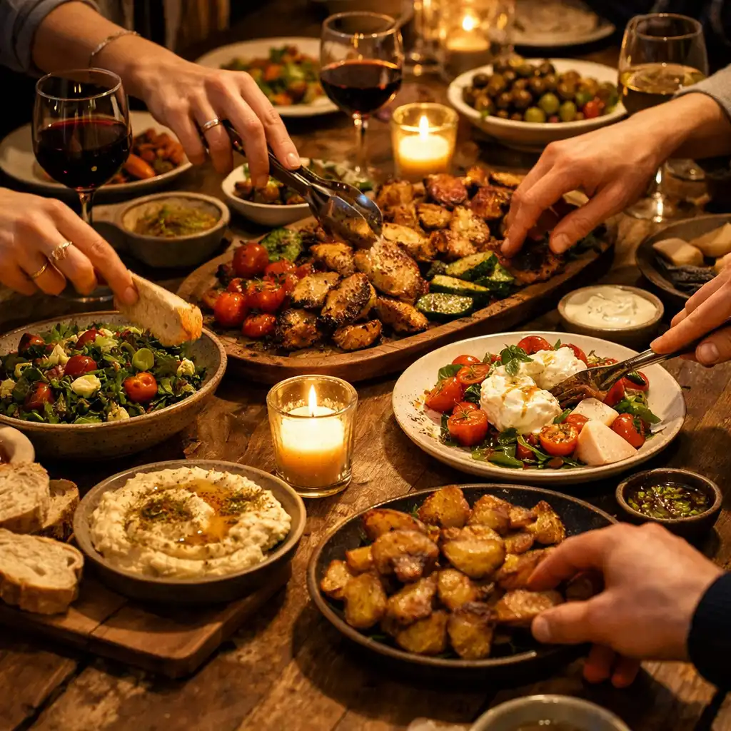 A dining table with shared plates and hands reaching, warm lighting, social atmosphere.