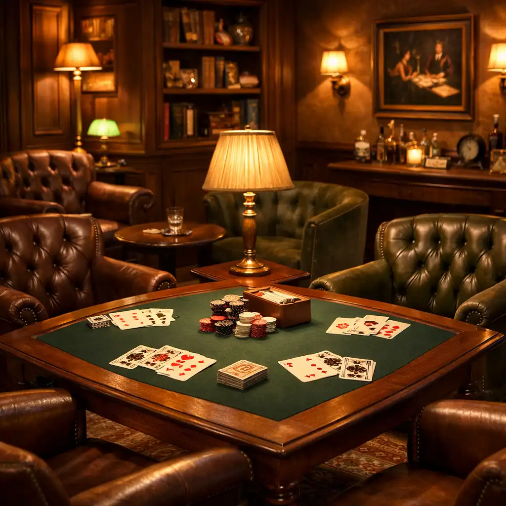 A card lounge with seating and a table, warm inviting lighting.