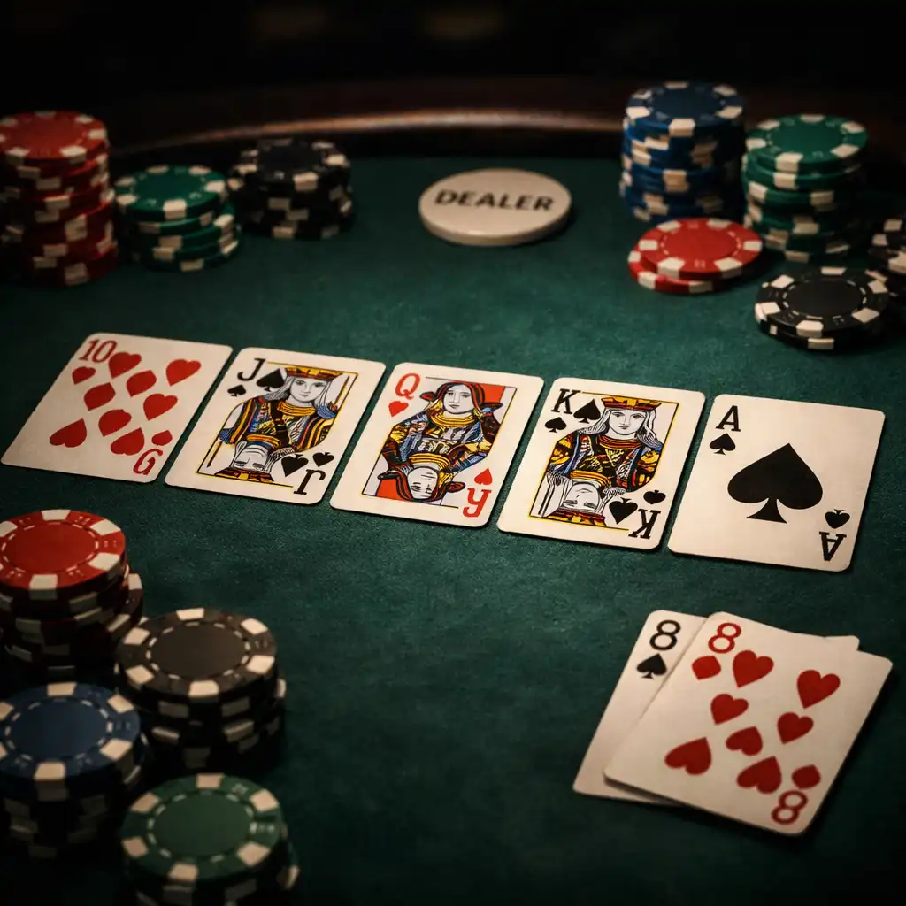 A poker table with cards and chips, close-up, dark moody lighting.