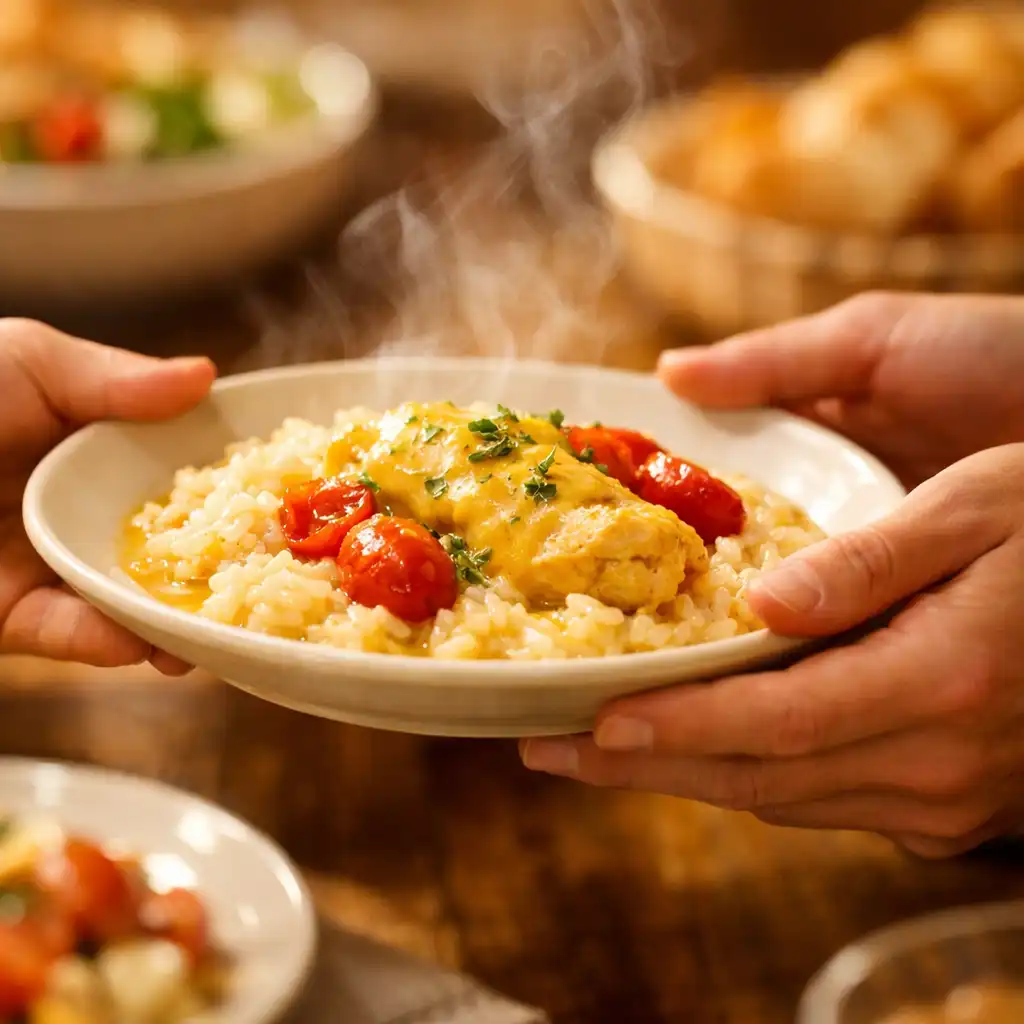 Close-up of hands passing a plate of food across a table, with other dishes blurred in the background.
