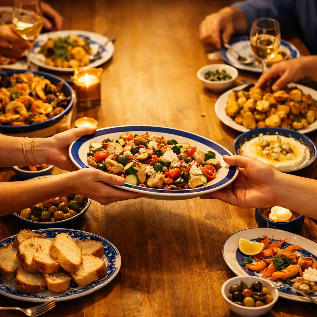 A long communal restaurant table filled with shared dishes, viewed diagonally from above, with hands reaching in to pass a plate.