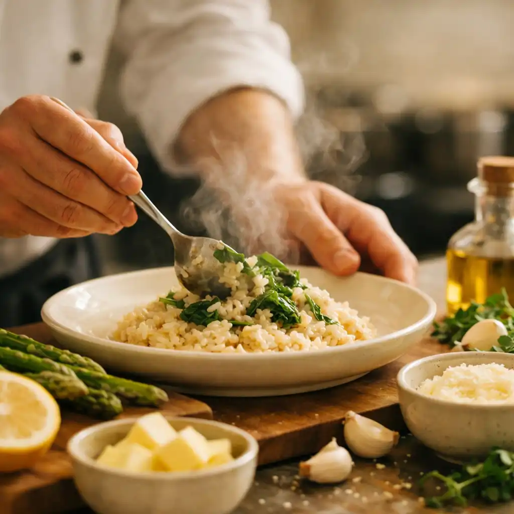 A chef's hands preparing a dish in a professional kitchen, with fresh ingredients on the counter.