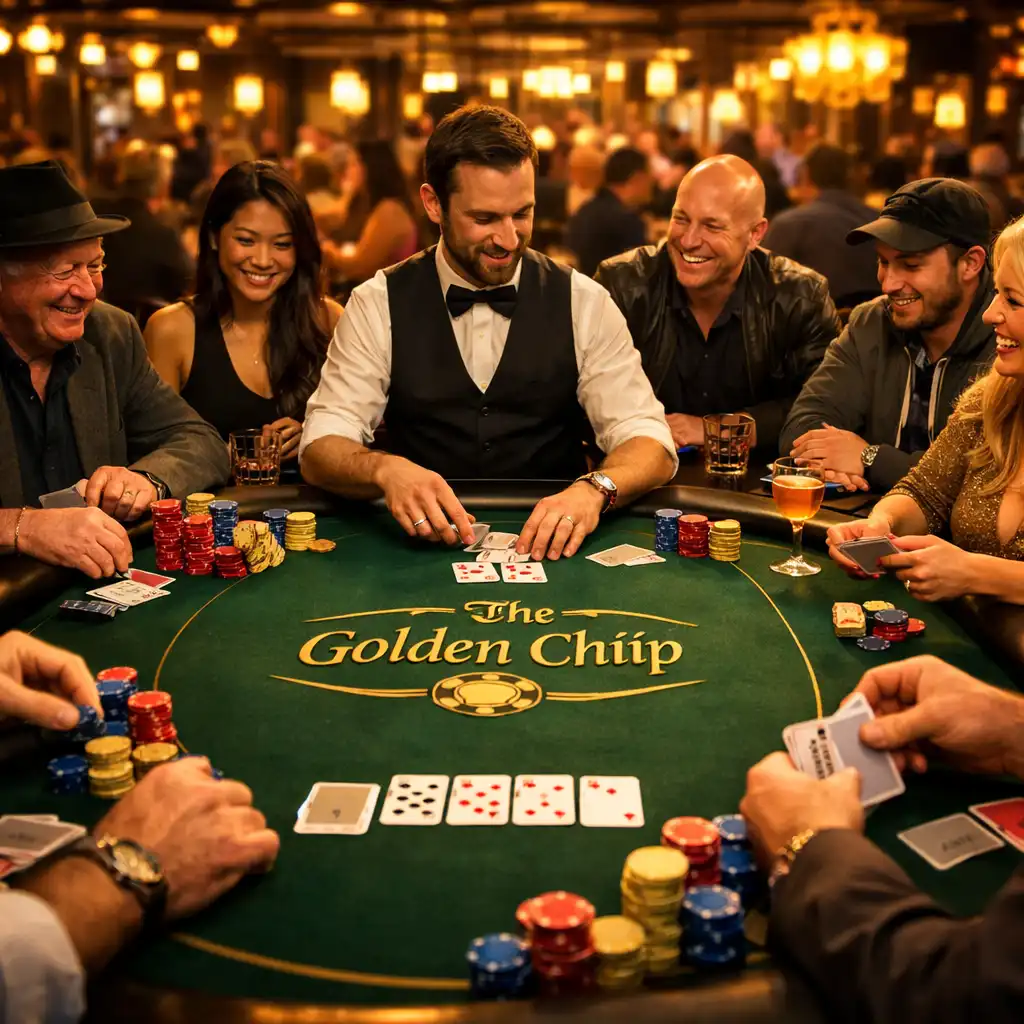 A wide shot of a live poker game in progress, with players seated around a table, engaged in the game.