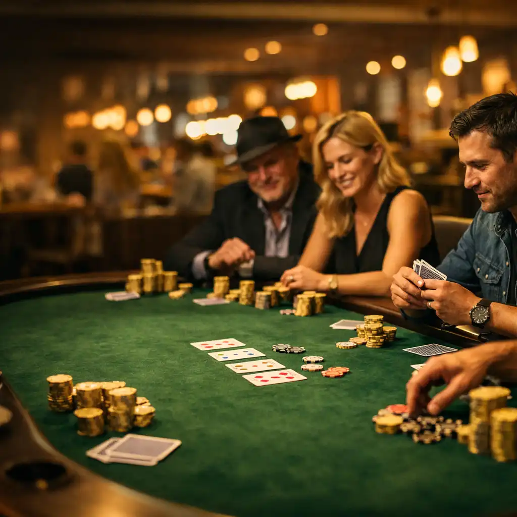 Adults seated around a physical poker table with cards and golden chips in a warm restaurant setting