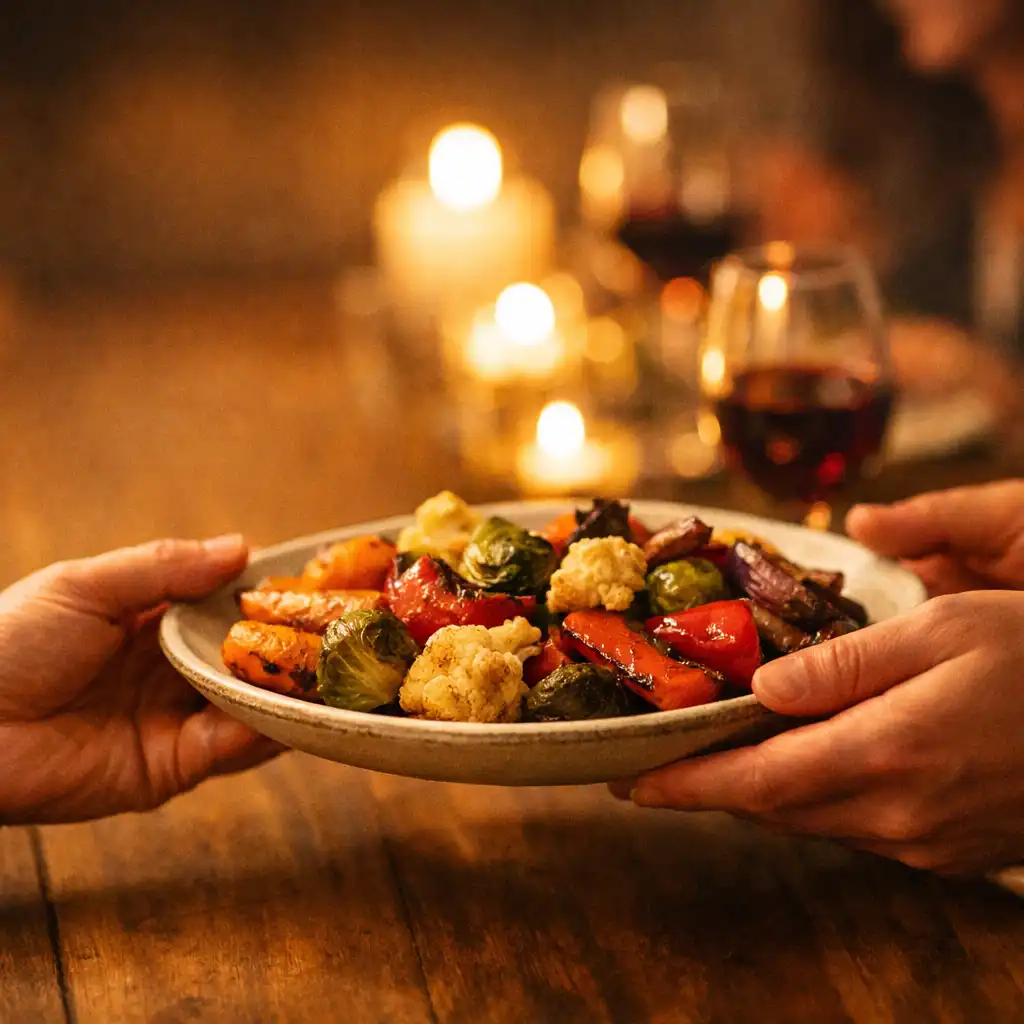 Hands passing a plate of roasted vegetables across a wooden dining table