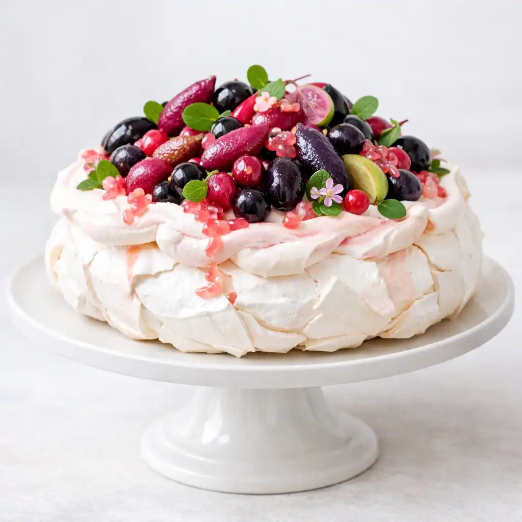 A pavlova dessert topped with native Australian fruits, on a cake stand.