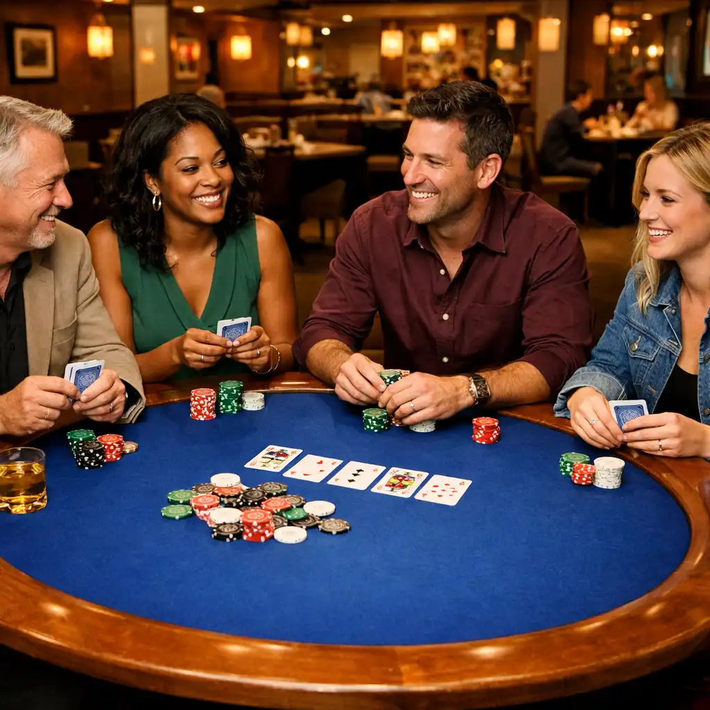 Group of people seated around a round poker table, smiling and playing a friendly game