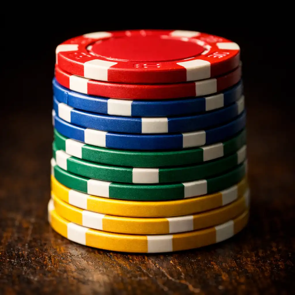Stack of colorful poker chips on a dark wooden table