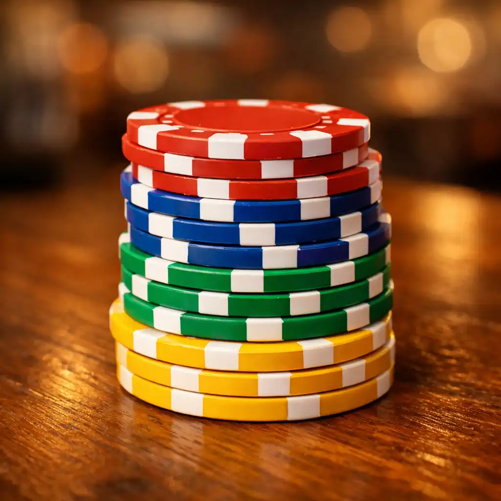 Neat stack of colourful poker chips on a wooden table