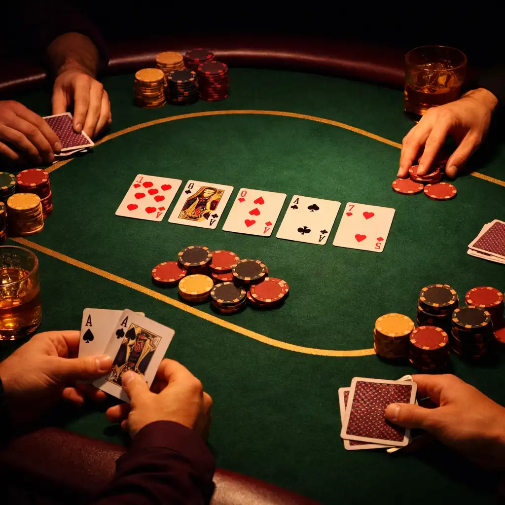 A poker table at night, with players' hands and chips visible, lit by a warm overhead light.