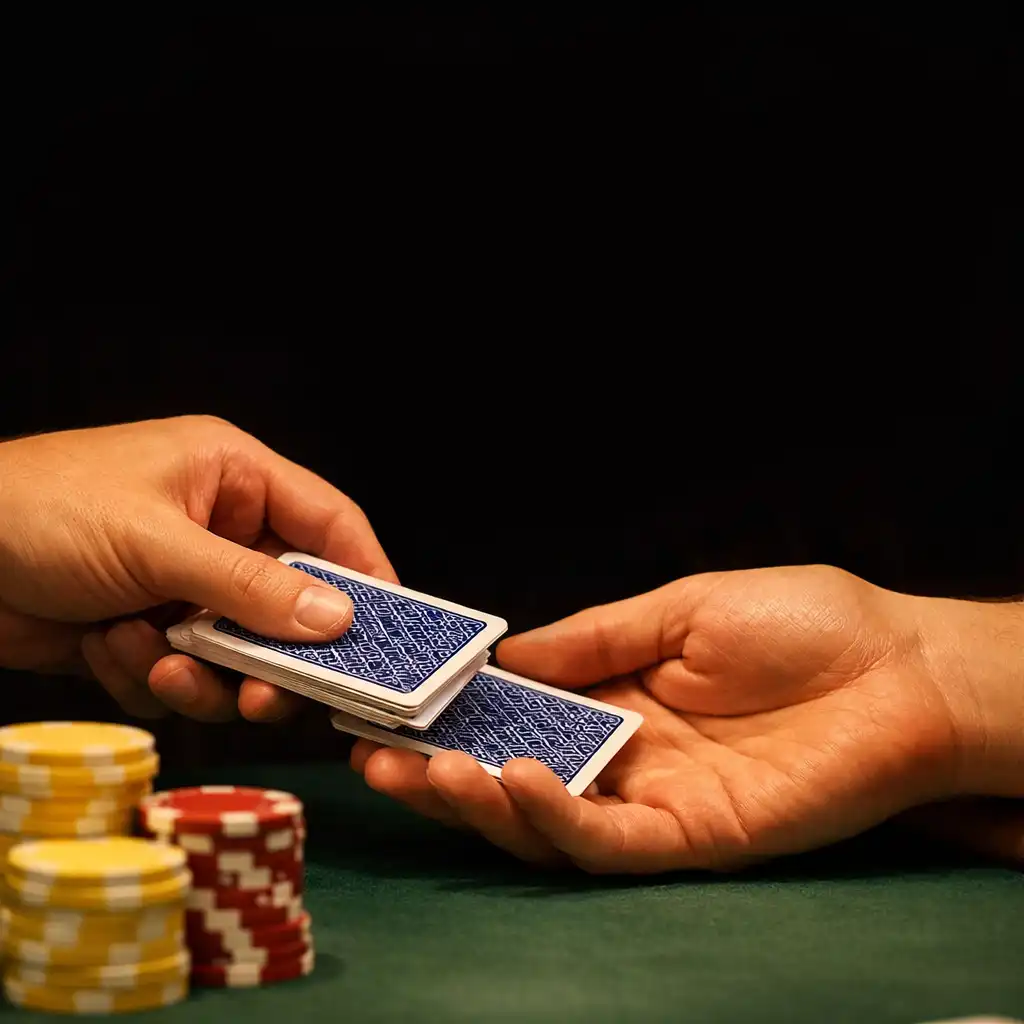 Two hands at a poker table dealing and receiving physical cards with chips nearby
