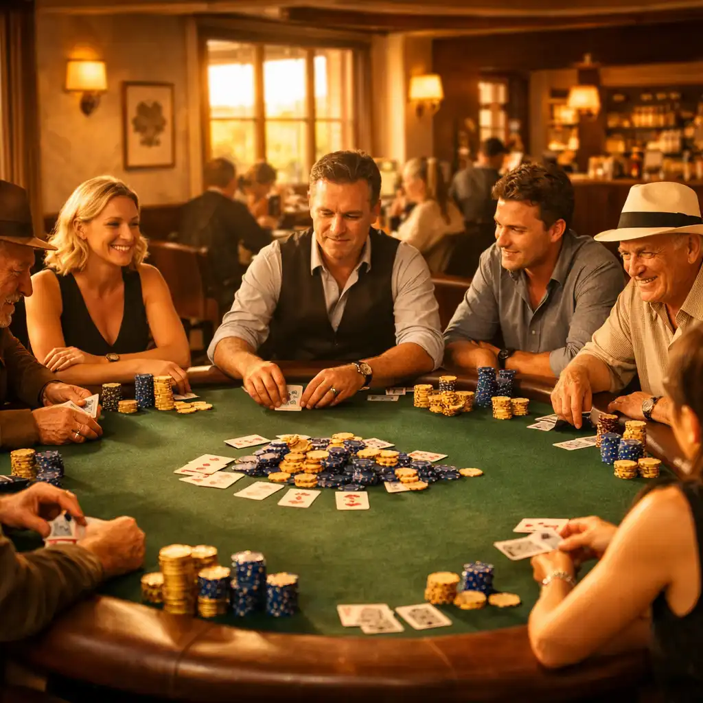 People seated around a large oval poker table in the warmly lit Poker Room at The Golden Chiip