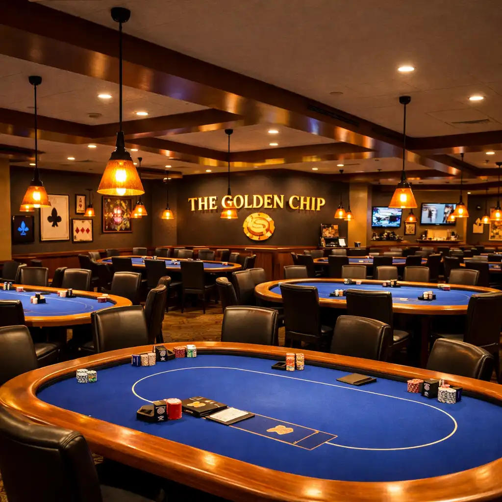 Wide view of the Poker Room with physical poker tables and people playing face-to-face