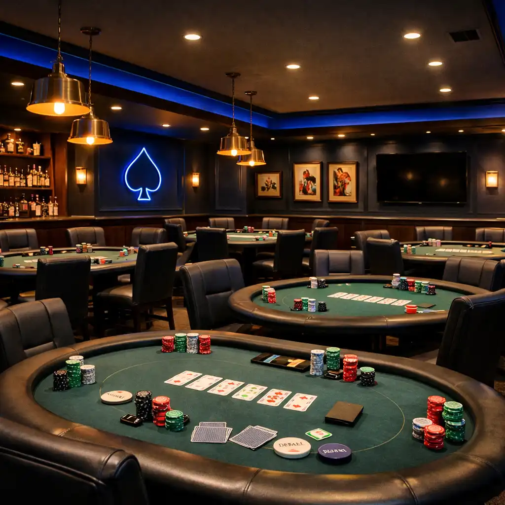 A dedicated poker room with multiple tables, comfortable chairs, and warm lighting.