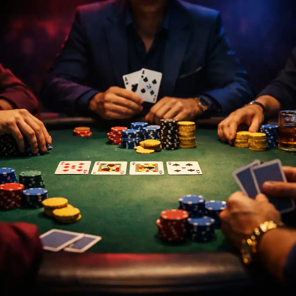 A cinematic wide shot of a poker table with players seated, viewed from a low angle, with cards and chips on the felt.