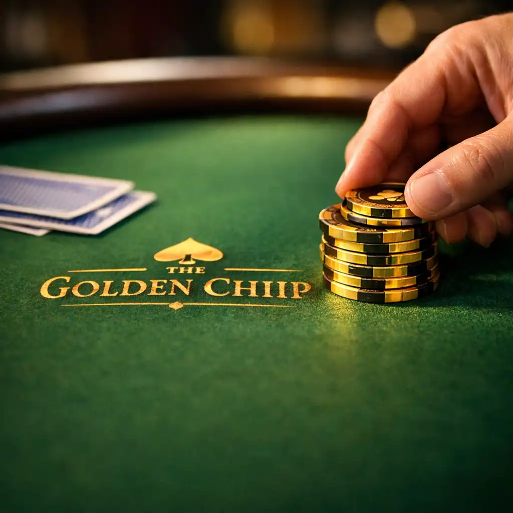 Close-up of a poker table surface showing felt, cards, chips, and hands.