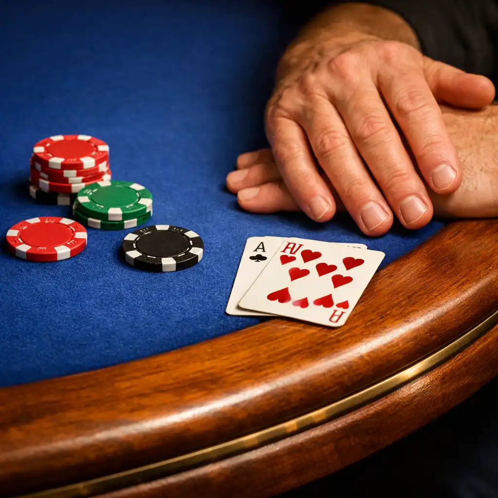 Hands resting on the wooden edge of a poker table with chips and cards nearby
