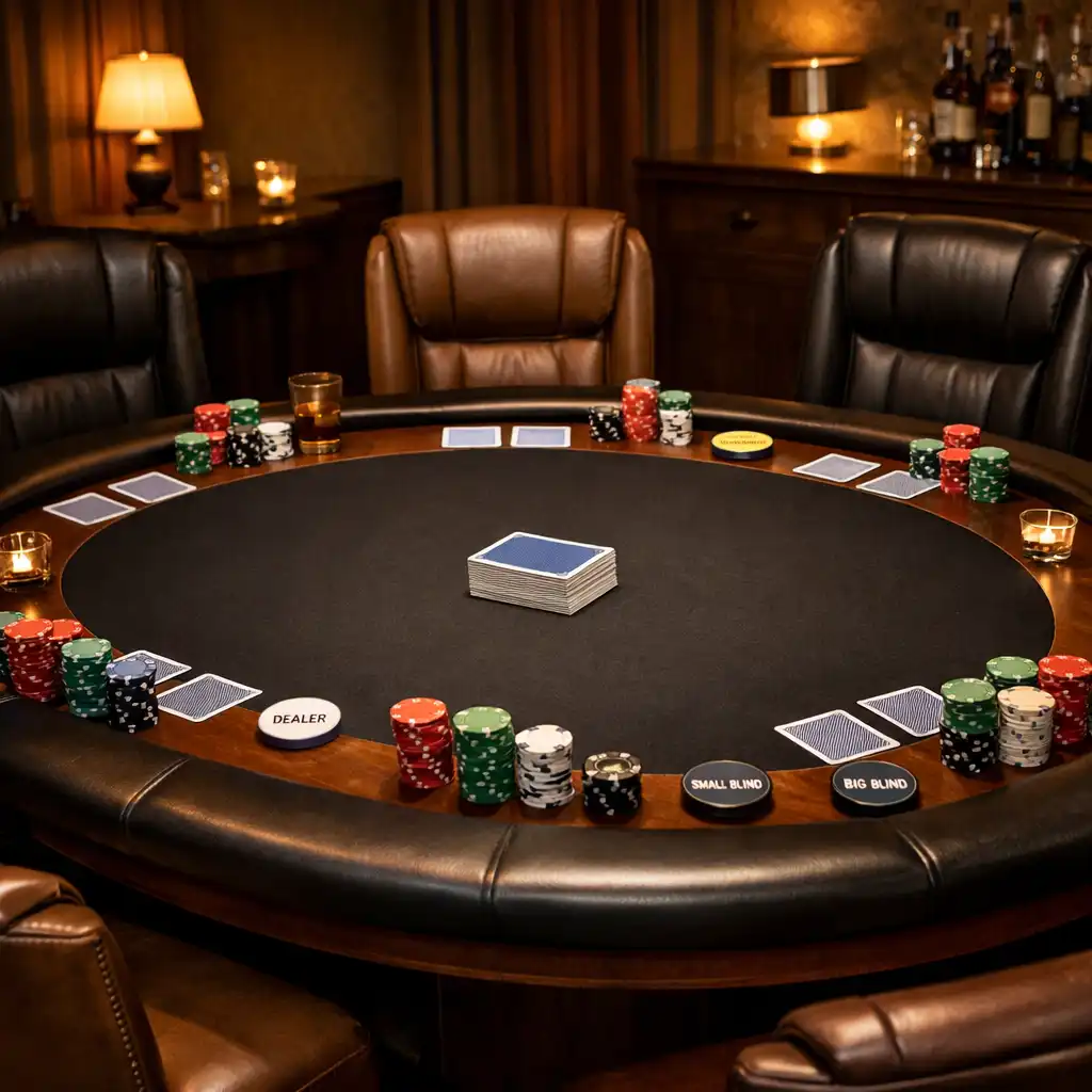 A private poker table set for a group, with chairs arranged and a deck of cards in the center.