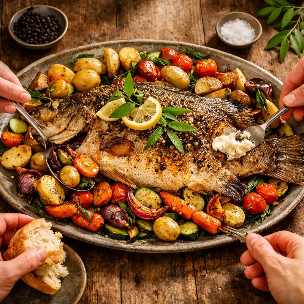Whole roasted barramundi with lemon myrtle and native pepper