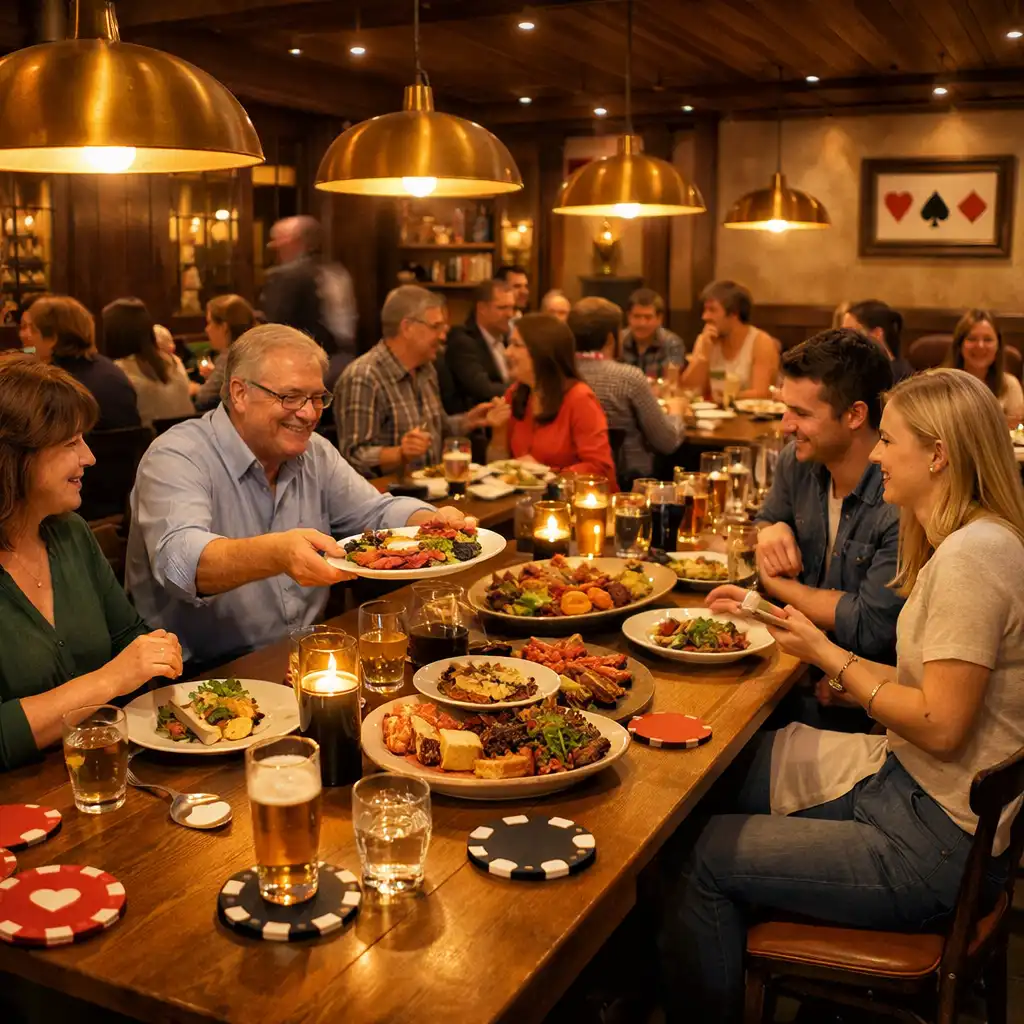Warm dining room with long communal tables and golden pendant lighting at The Golden Chiip