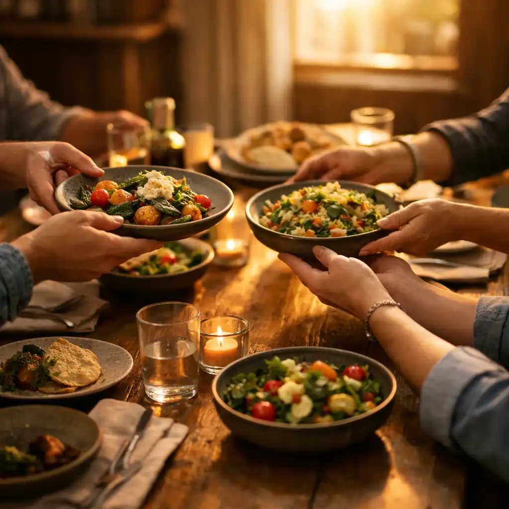 Hands passing plates of colourful food across a warm communal dining table at The Golden Chiip