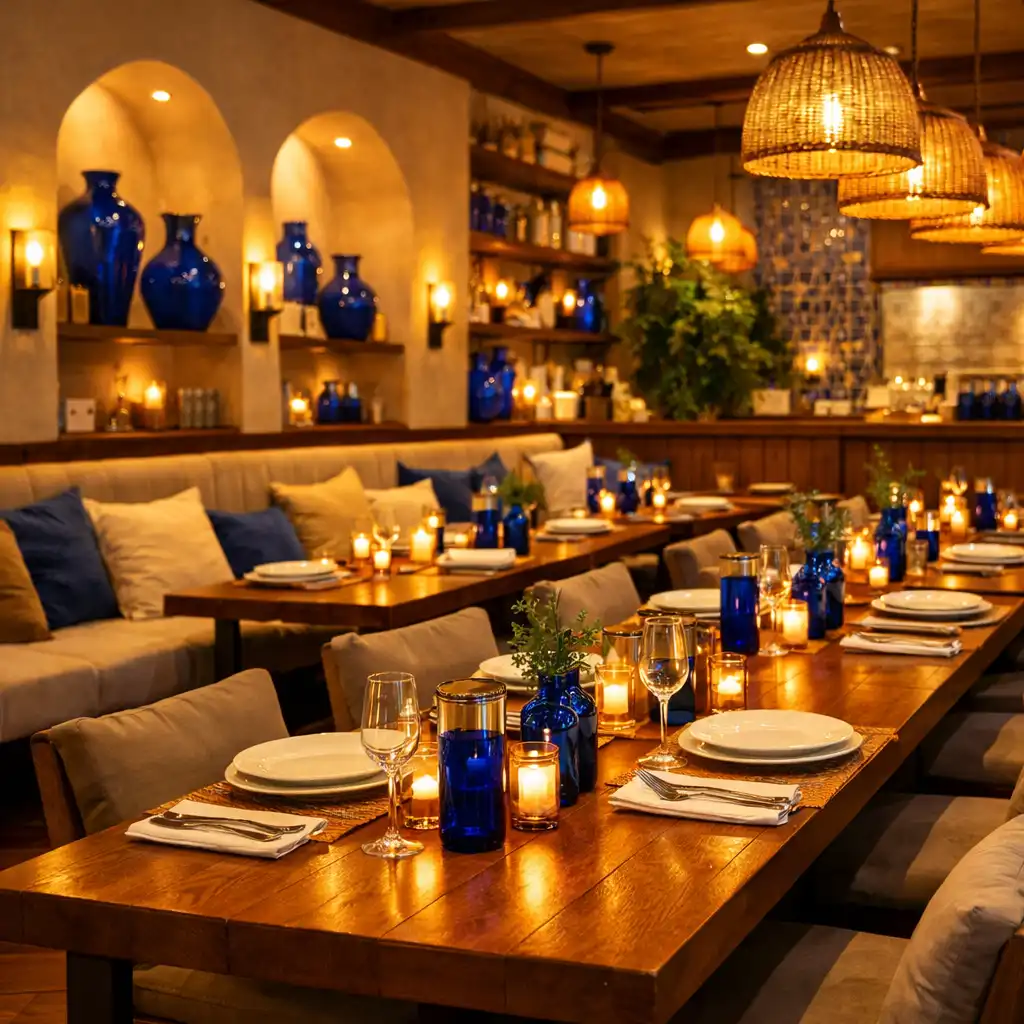 Interior of a warm, inviting restaurant with long communal tables, comfortable seating, and golden lighting.