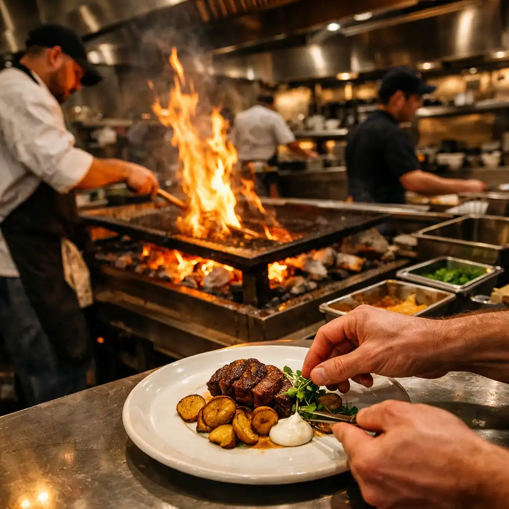 Chefs working over a wood fire grill in the open kitchen at The Golden Chiip