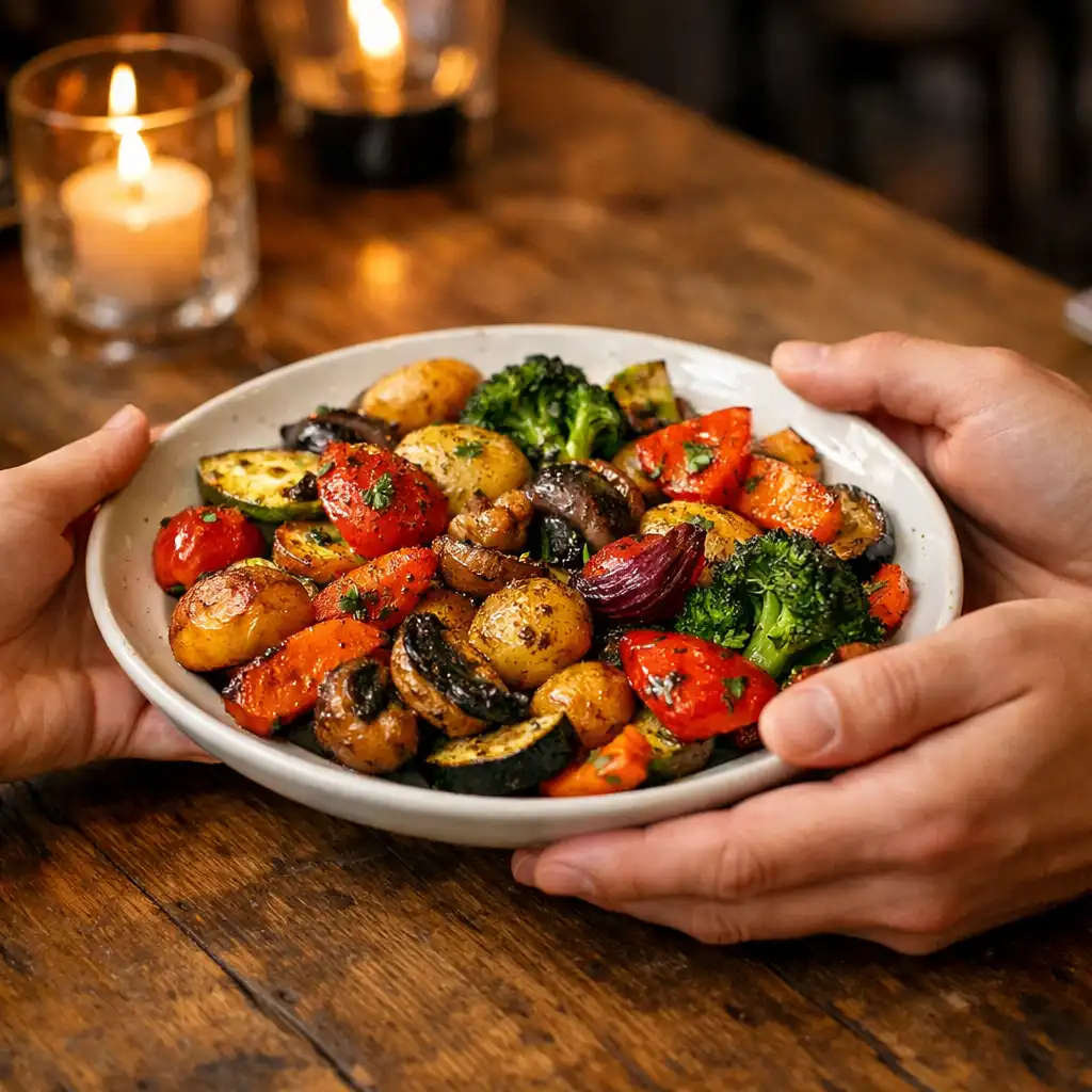 Two hands passing a plate of roasted vegetables across a wooden table at The Golden Chiip
