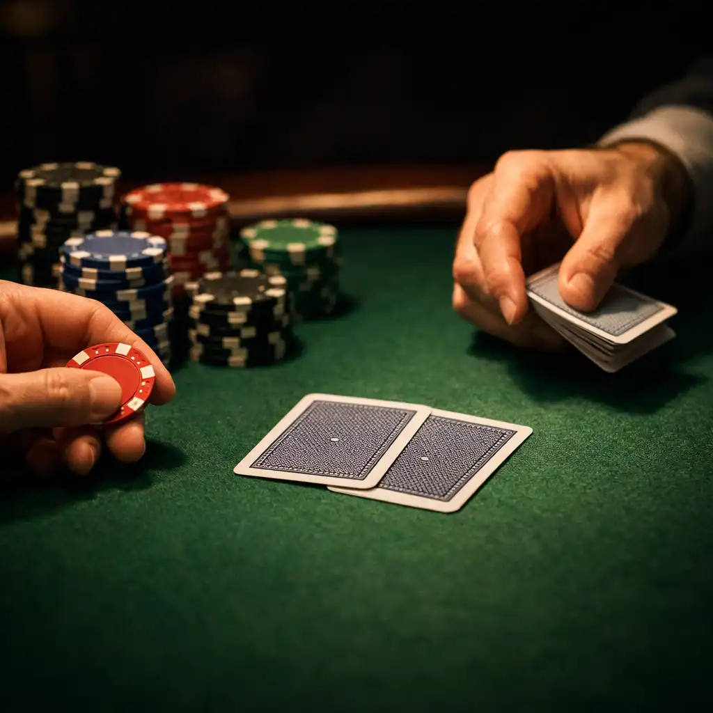 Poker table with physical chips and cards under warm golden lighting at The Golden Chiip