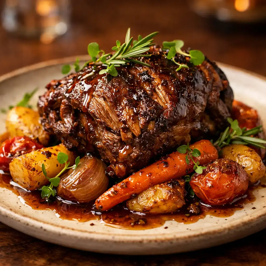 Slow-cooked lamb shoulder with roasted vegetables