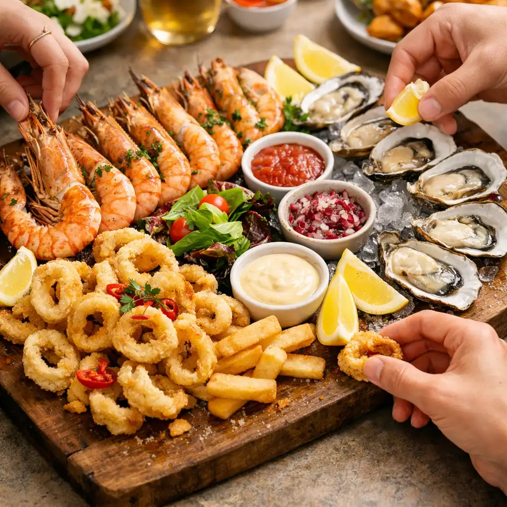 Seafood platter with prawns, oysters, and calamari