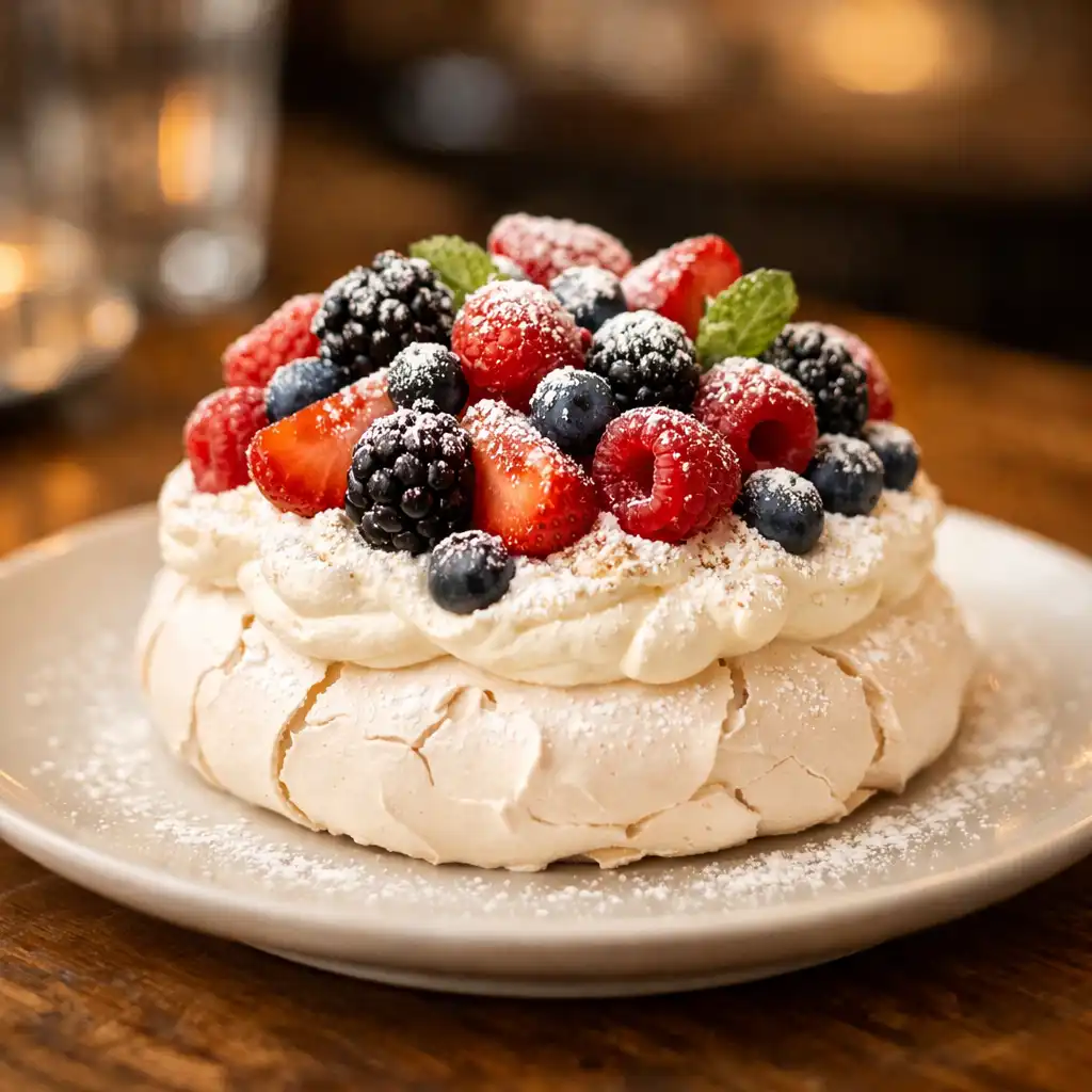 Pavlova with fresh berries and cream