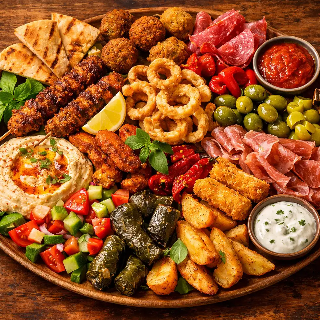 An overhead shot of a large sharing platter with a variety of starters, arranged artfully on a wooden table.